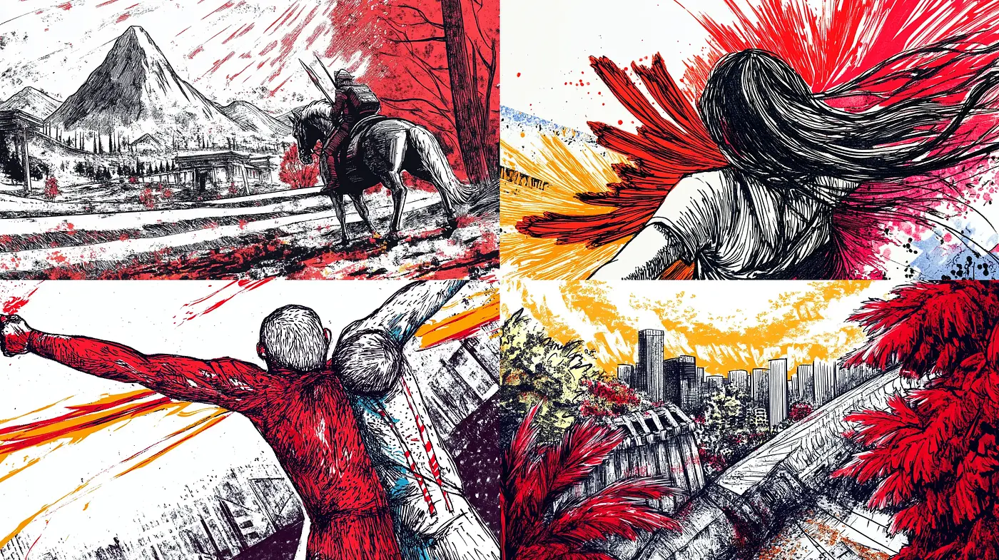 Dynamic Expressionist Sketches with a Crimson and Charcoal Palette - Midjourney sref style