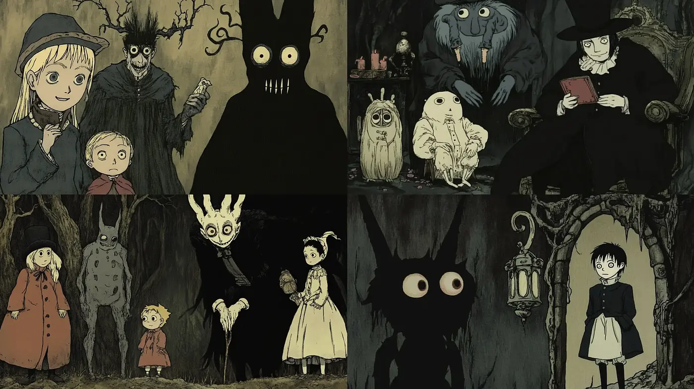 Eerie Storybook Whimsy: A Dark Fairy Tale Visual Aesthetic - Midjourney sref style