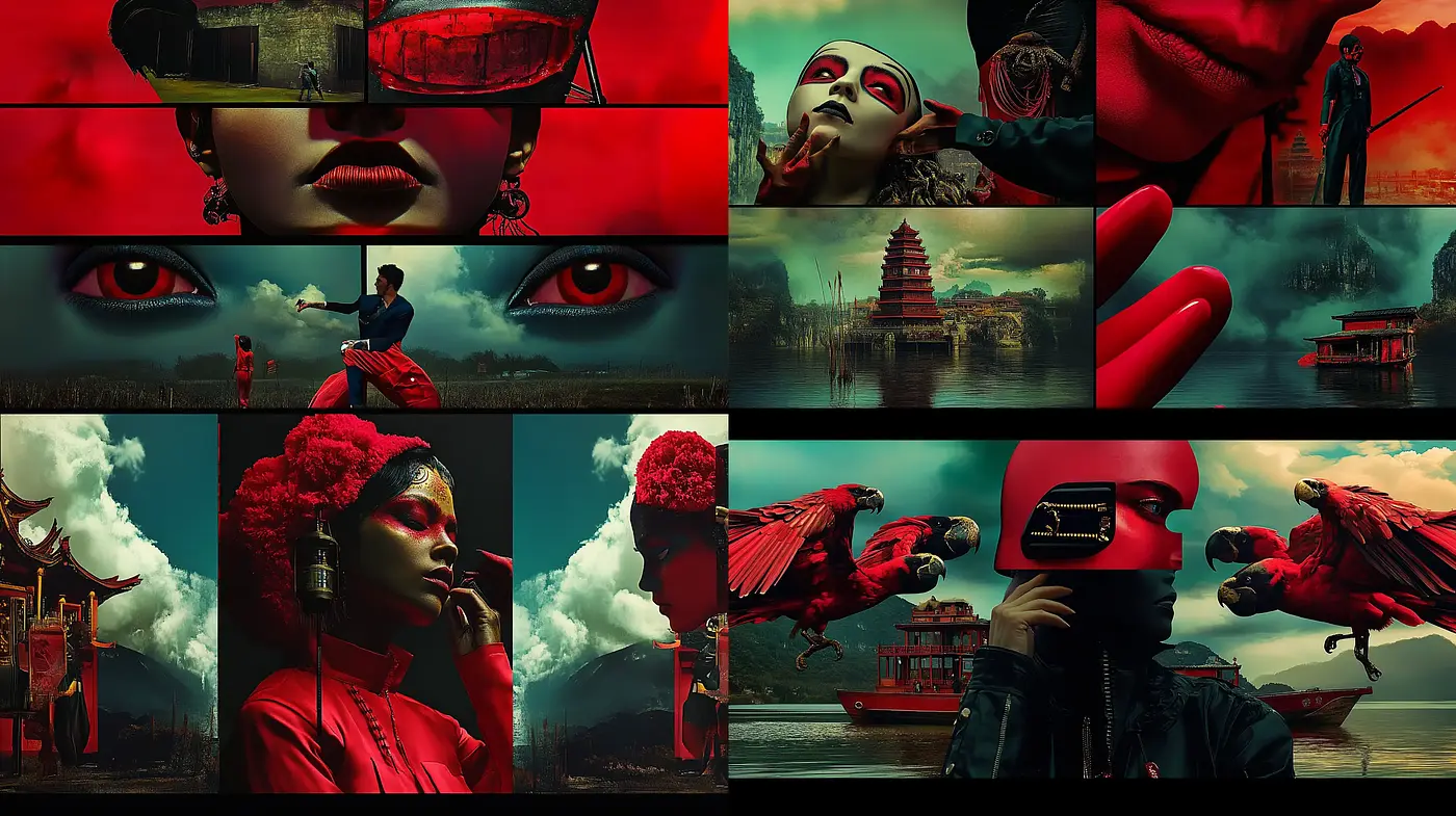 Crimson Elegance and Surrealistic Vision - Midjourney sref style