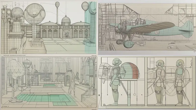 Intricately Detailed Architectural and Mechanical Designs with a Vintage Aesthetic