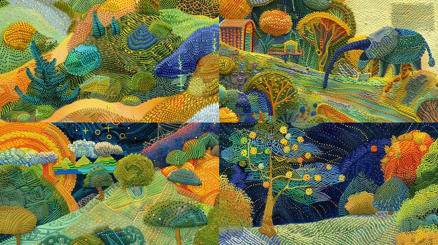 Vibrant and textured landscapes with whimsical elements - Midjourney sref style