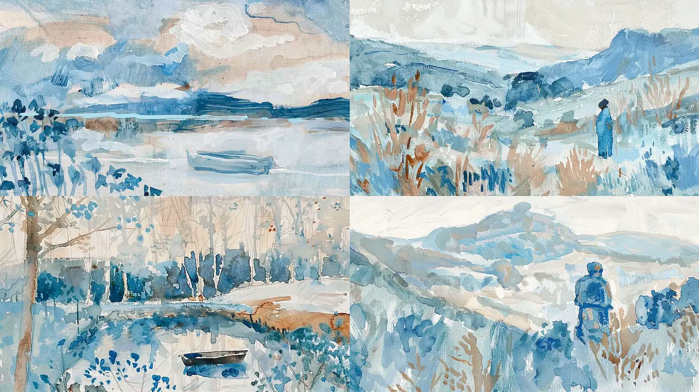 Serene Blue Hues in Textured Landscape Expression - Midjourney sref style