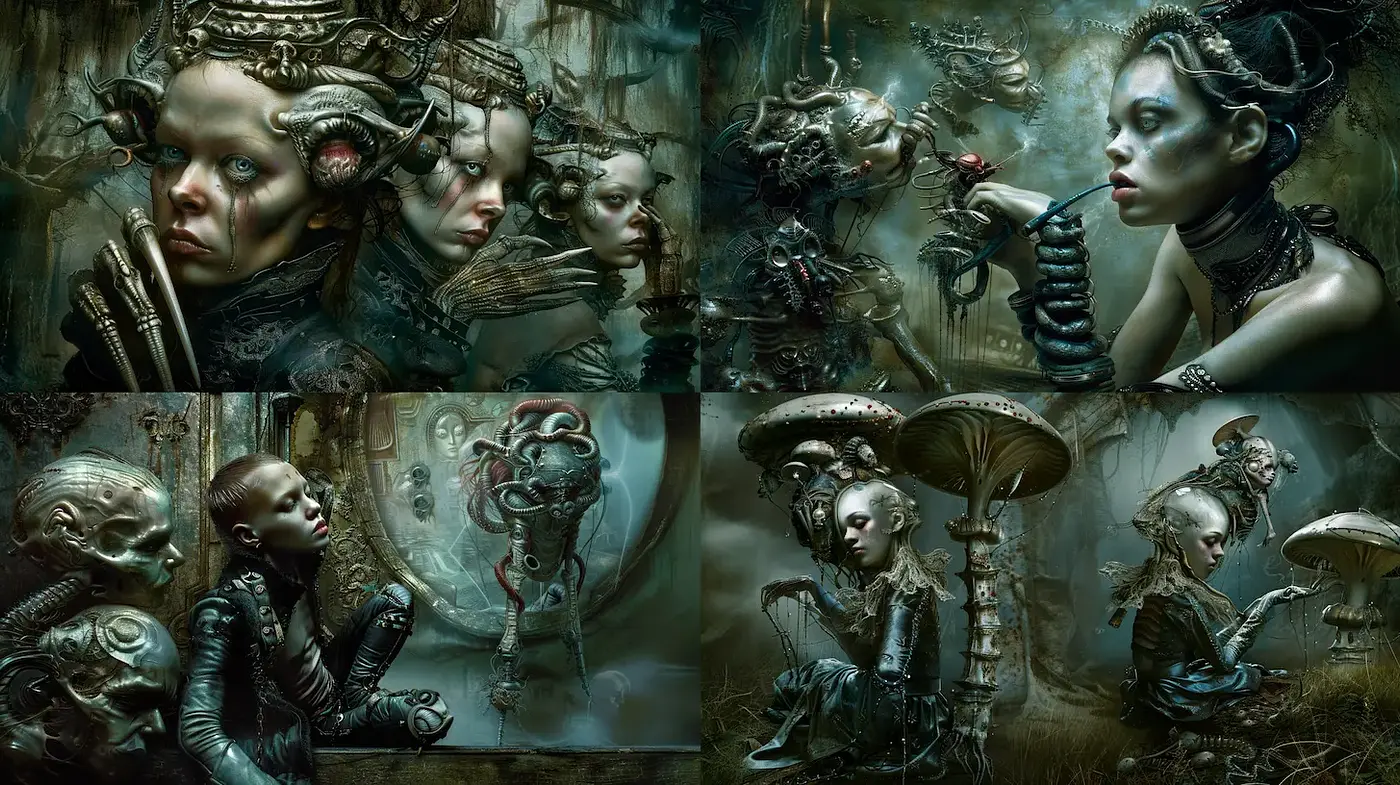 Eerie and intricate journey through surreal, organic steampunk aesthetics - Midjourney sref style