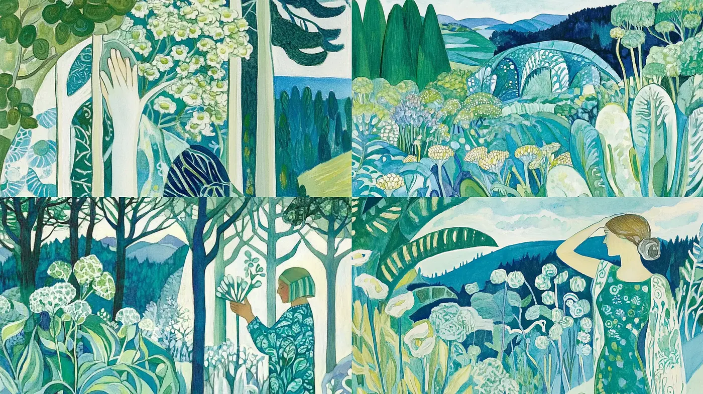 Serene Botanical Tapestry in Harmonious Greens - Midjourney sref style
