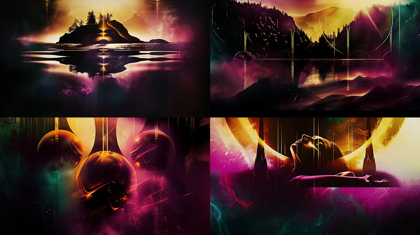 Ethereal Dreamscape Fusion with Surreal Overtones and Vivid Contrasts - Midjourney sref style