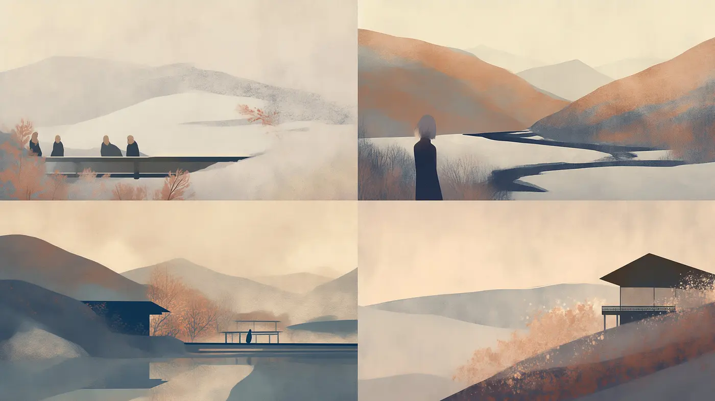 Subdued Serenity in Misty Landscapes: A Harmony of Earthy Tones and Textural Brushwork - Midjourney sref style