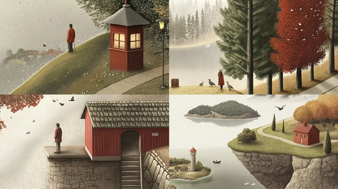 Serene Autumnal Hues in Stylized Pastoral Vignettes - Midjourney sref style