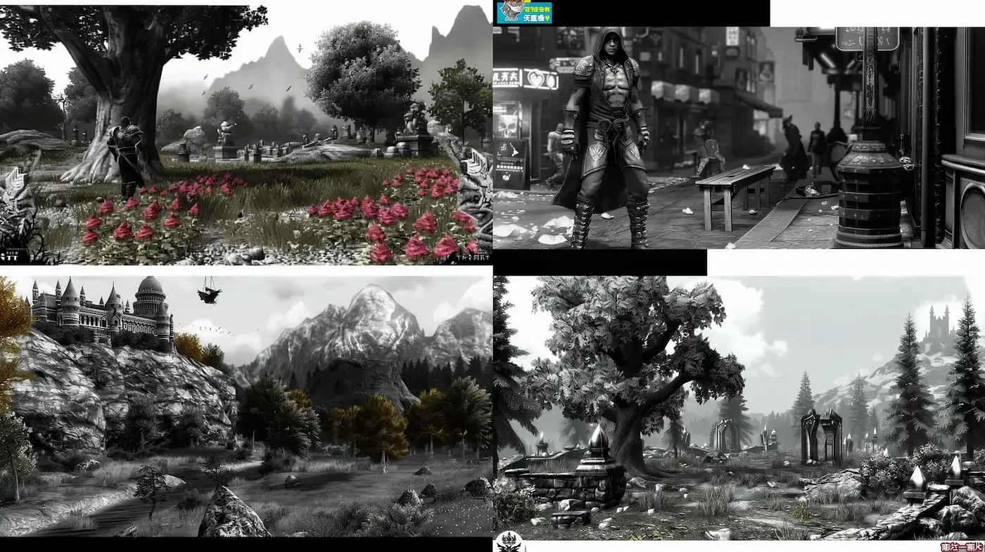 Dramatic Black-and-White Landscape with Rich Textures and Retro Elements - Midjourney sref style