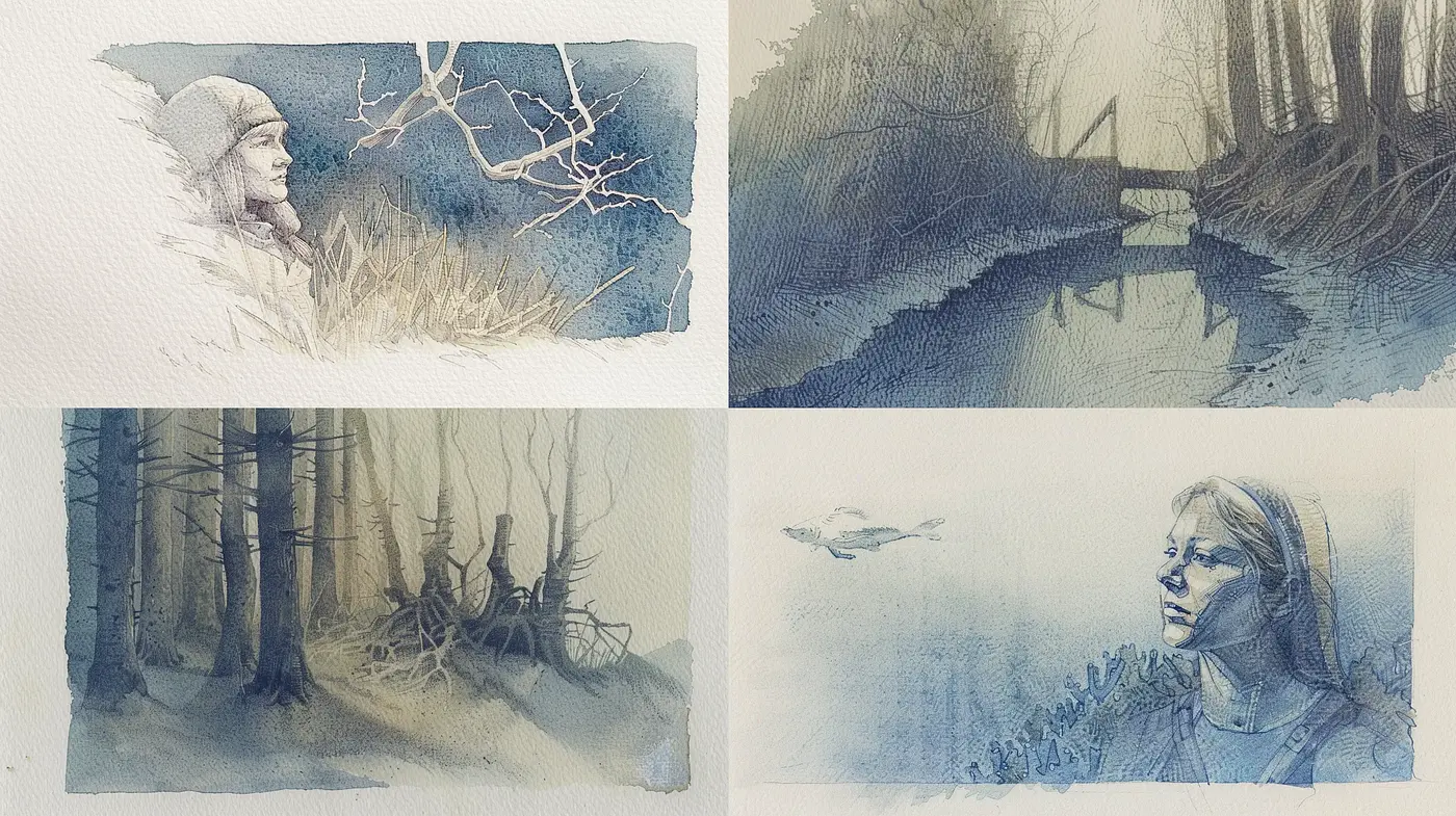 Serene Monochromatic Watercolor Vistas - Midjourney sref style