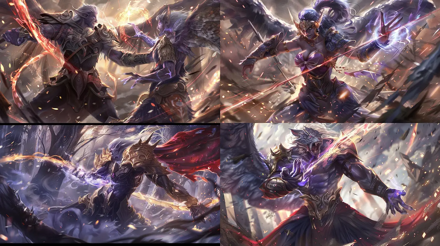 Ethereal Battle Hues: A Fusion of Dynamic Movement and Intense Color Symbiosis in Digital Artwork - Midjourney sref style