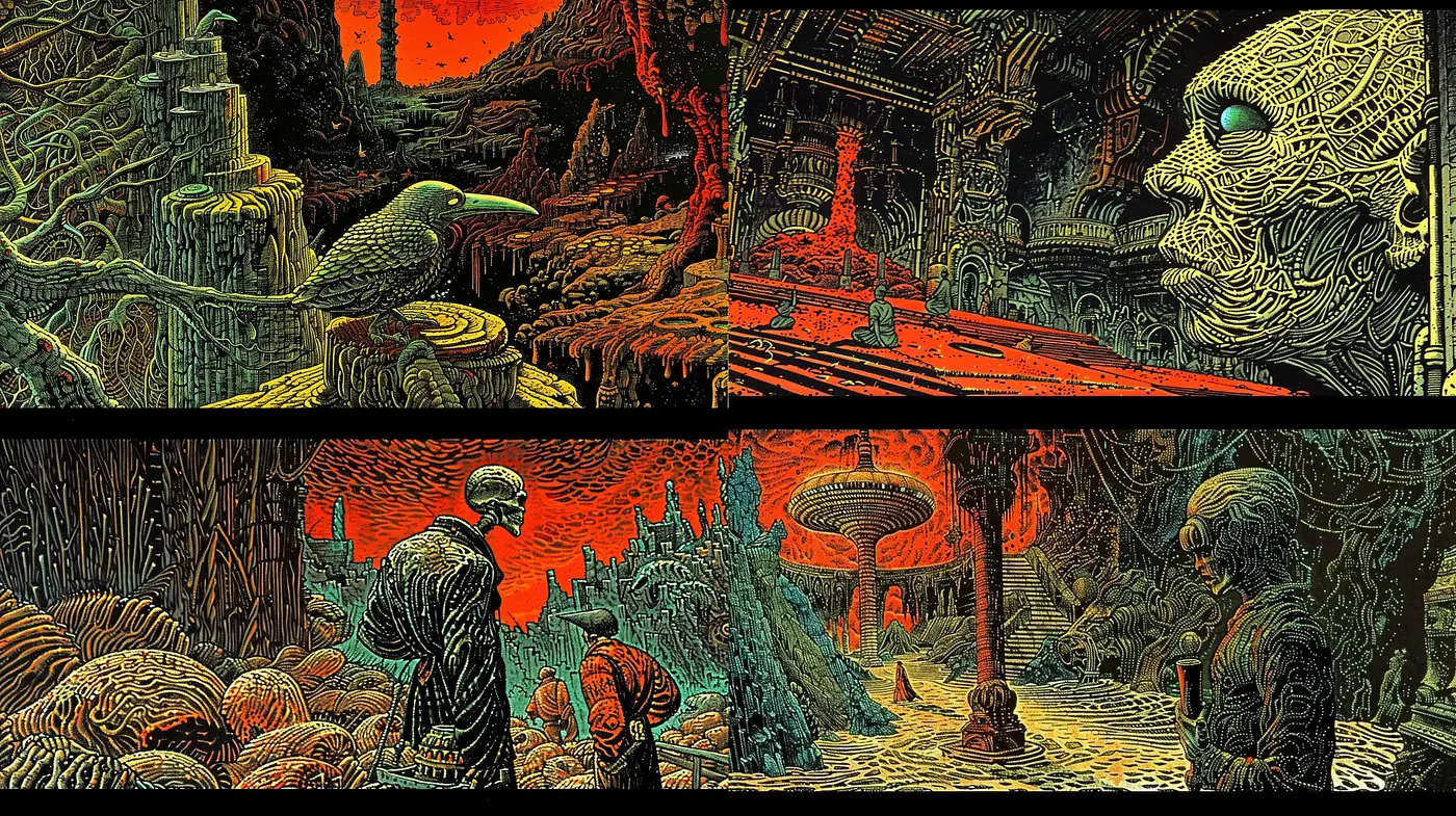 Abstracted Phantasmagoria: An Intertwining of Surreal Vistas and Intricate Elegance - Midjourney sref style