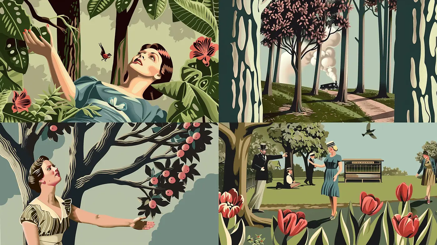 Retro Serenity in Nature: A Stylized Mid-Century Illustrative Tableau - Midjourney sref style