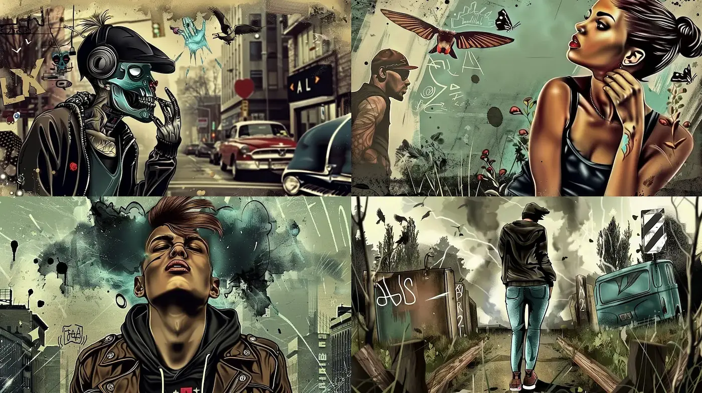 Contemporary Urban Art with a Nostalgic Edge and Surreal Elements - Midjourney sref style