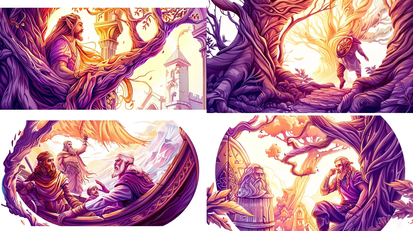 Twilight Sagas in Vibrant Amethyst: A Coalescence of Dreamlike Fantasy and Intricate Illustration - Midjourney sref style