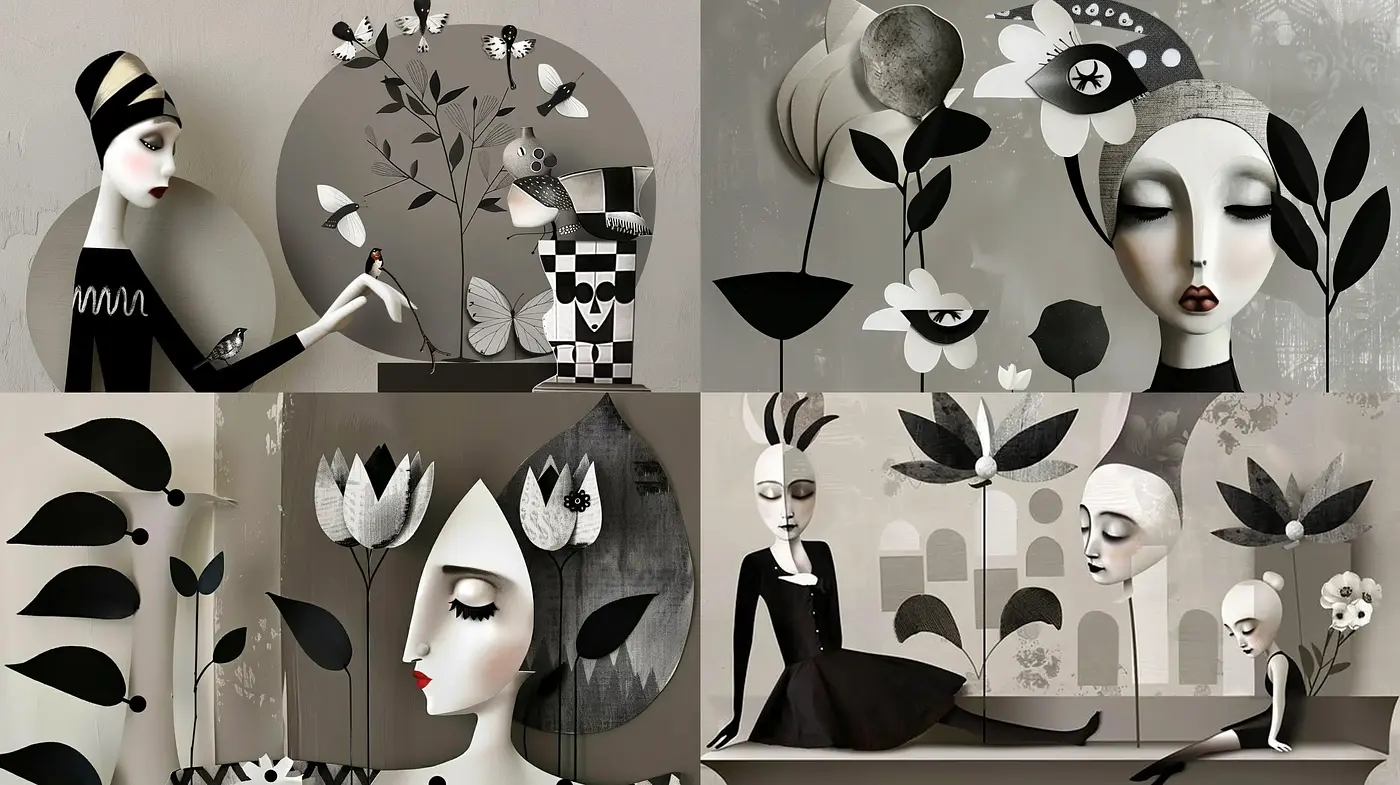 Monochromatic Enchantment: An Homage to Stylized Whimsy and Melancholic Beauty - Midjourney sref style