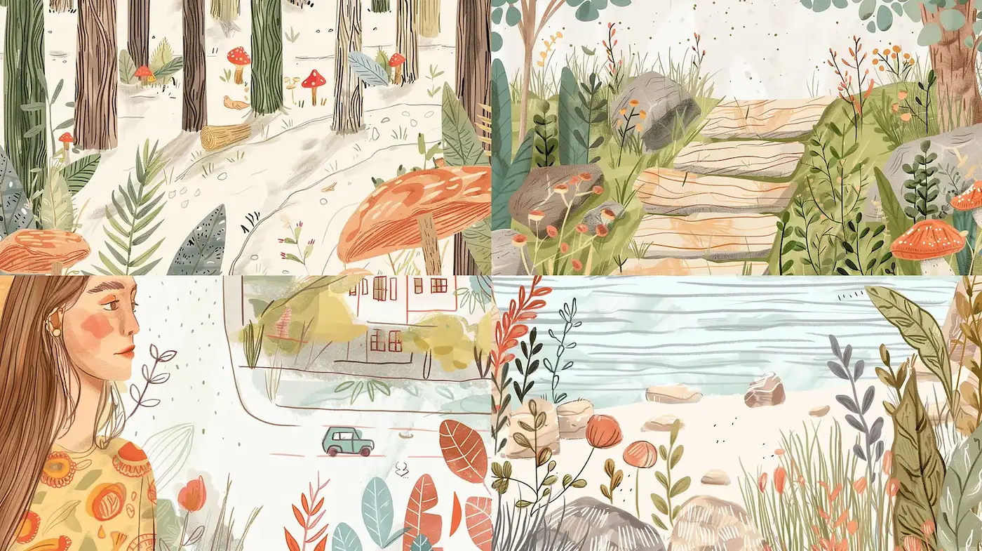 Charming and whimsical illustrated landscapes with a naturalistic touch - Midjourney sref style