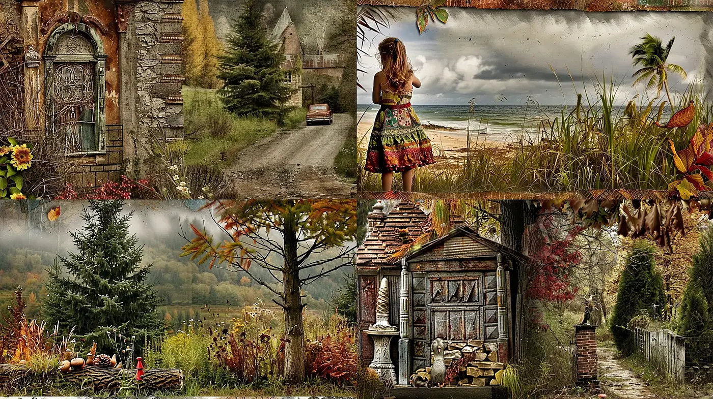 Rustic Autumnal Dreamscape: A Collage of Seasons and Sentiment - Midjourney sref style