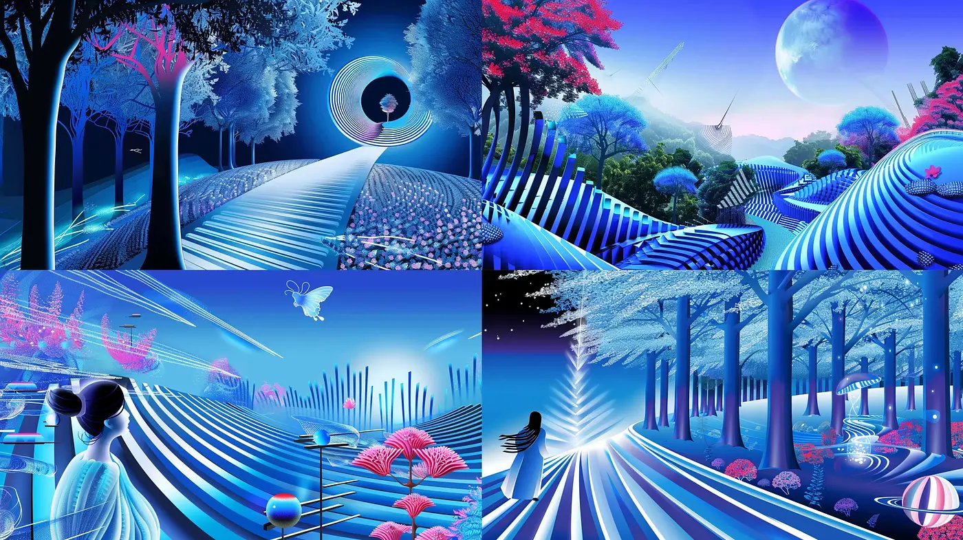 Surreal Nightscapes with Luminescent Botanicals and Striped Terrain - Midjourney sref style