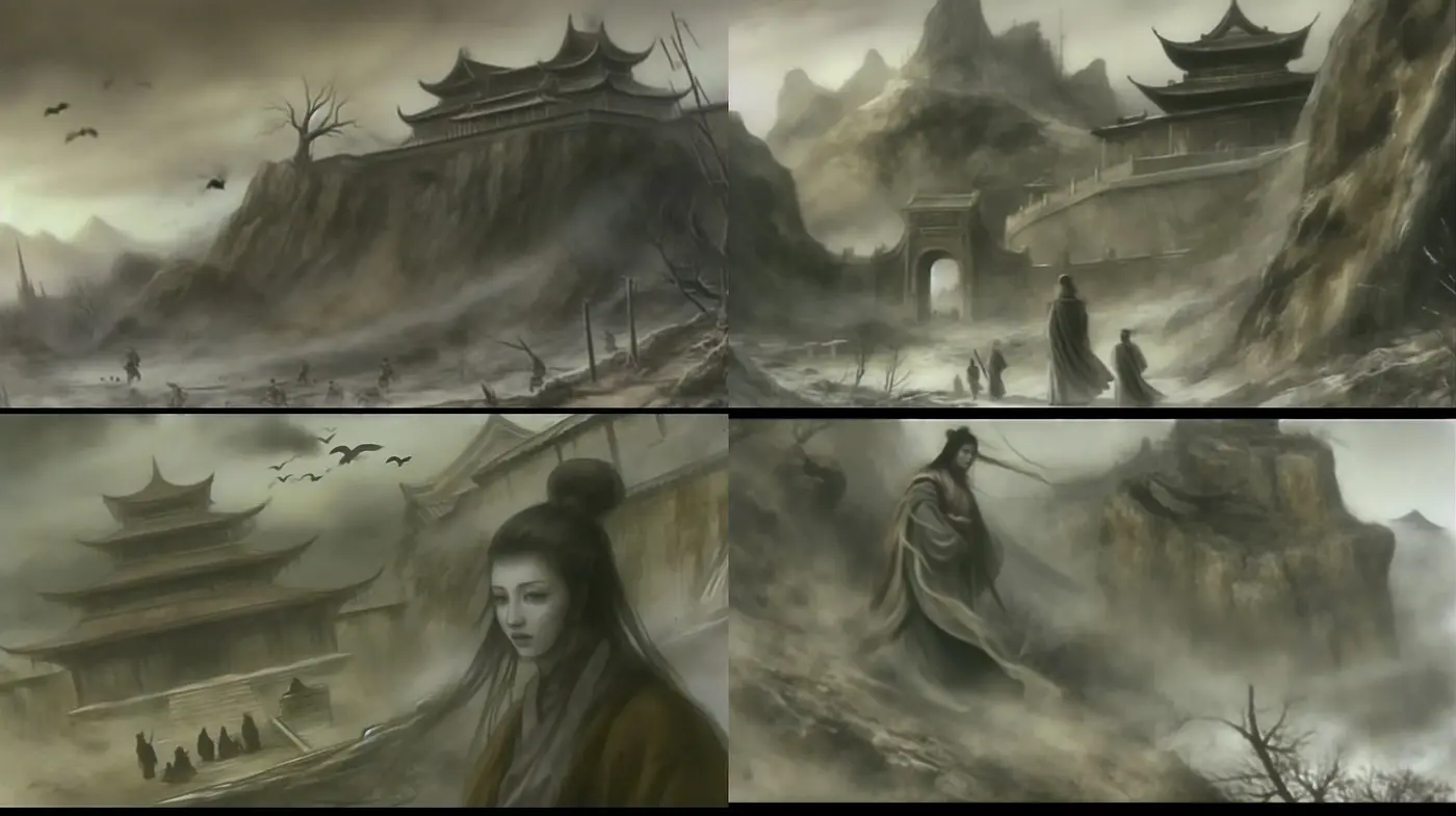 Ethereal Monochromatic Whisperings: A Fusion of Ink Wash and Graphite Textures in Dim Greyscale - Midjourney sref style