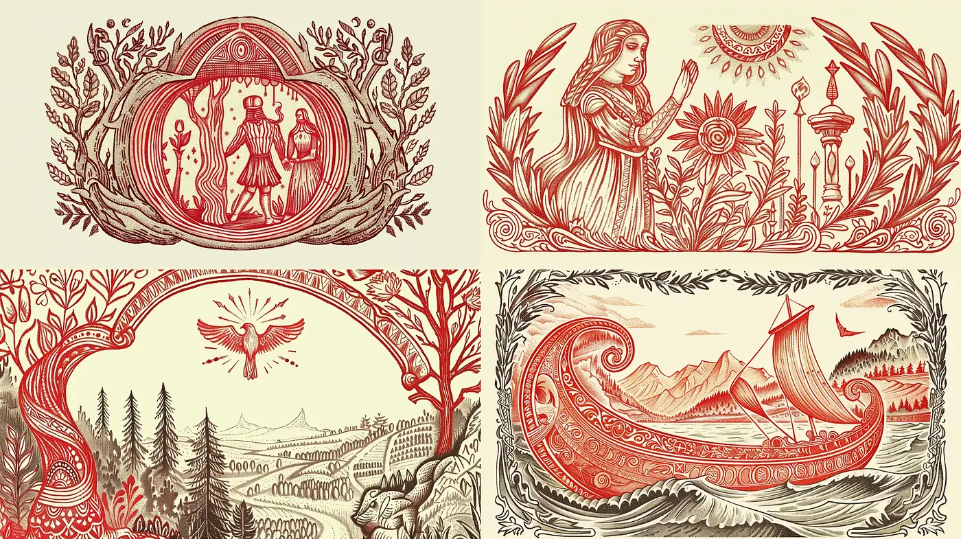 Engraved Folkloric Tapestry in Warm Rustic Tones - Midjourney sref style