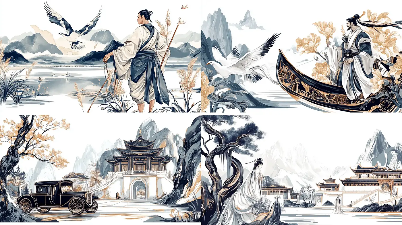 Elegant Ancient Eastern Panoramas with Modern Intrusions - Midjourney sref style