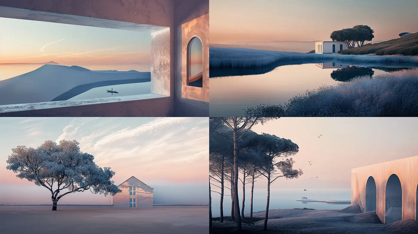Serene Dawn: A Pastel Harmony of Nature and Architectural Elegance - Midjourney sref style