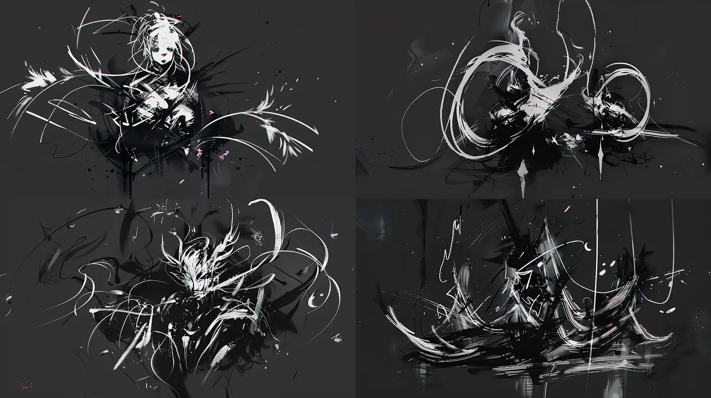 Monochromatic Abstract Energetic Swirls - Midjourney sref style