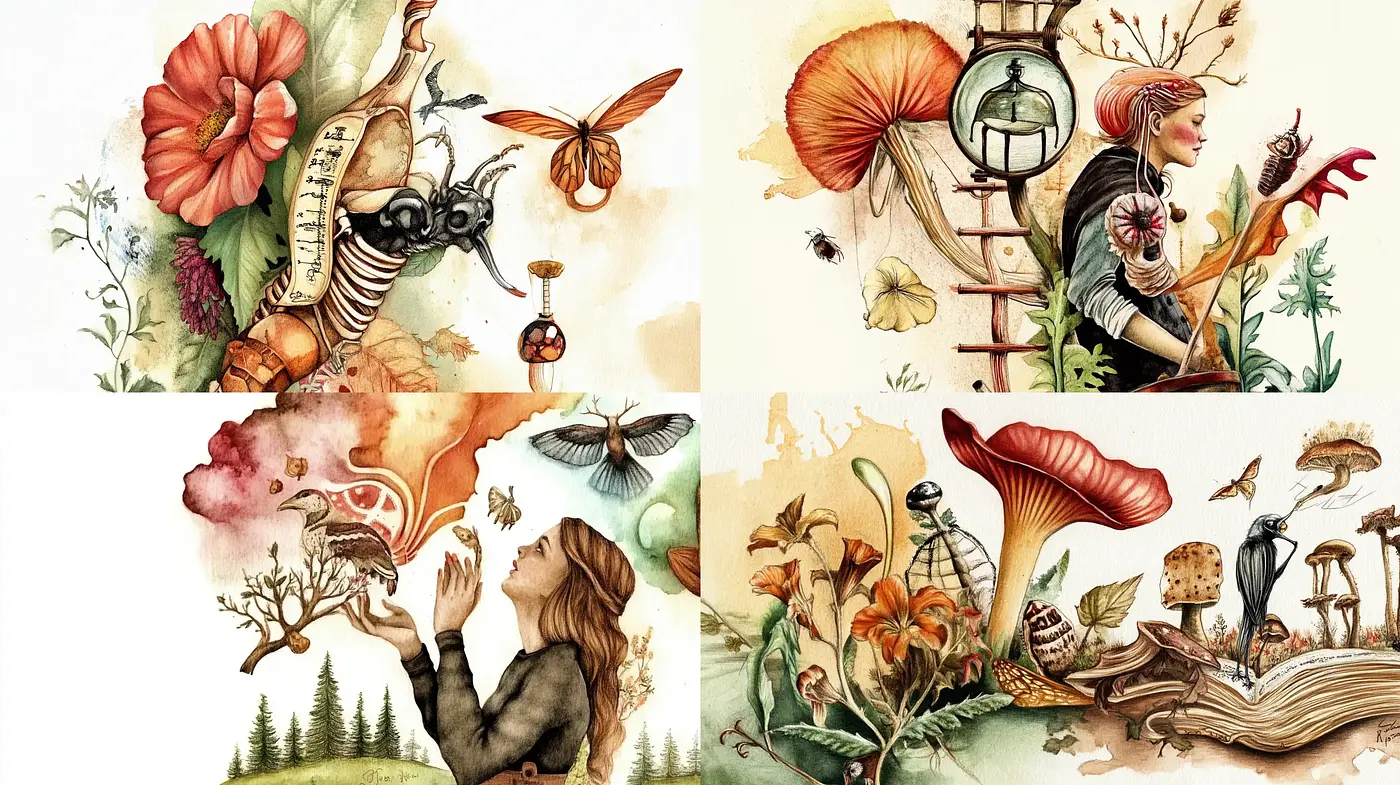 Whimsical Botanical Dreamscape: A Fantastical Fusion of Flora and Fauna - Midjourney sref style
