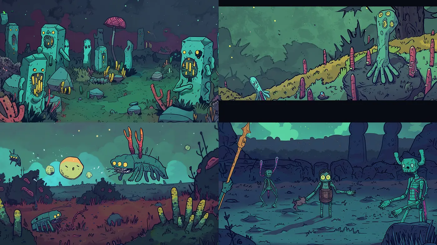 Surreal Dusk: An Enigmatic Fusion of Neon and Twilight in a Comic-Inspired Dreamscape - Midjourney sref style