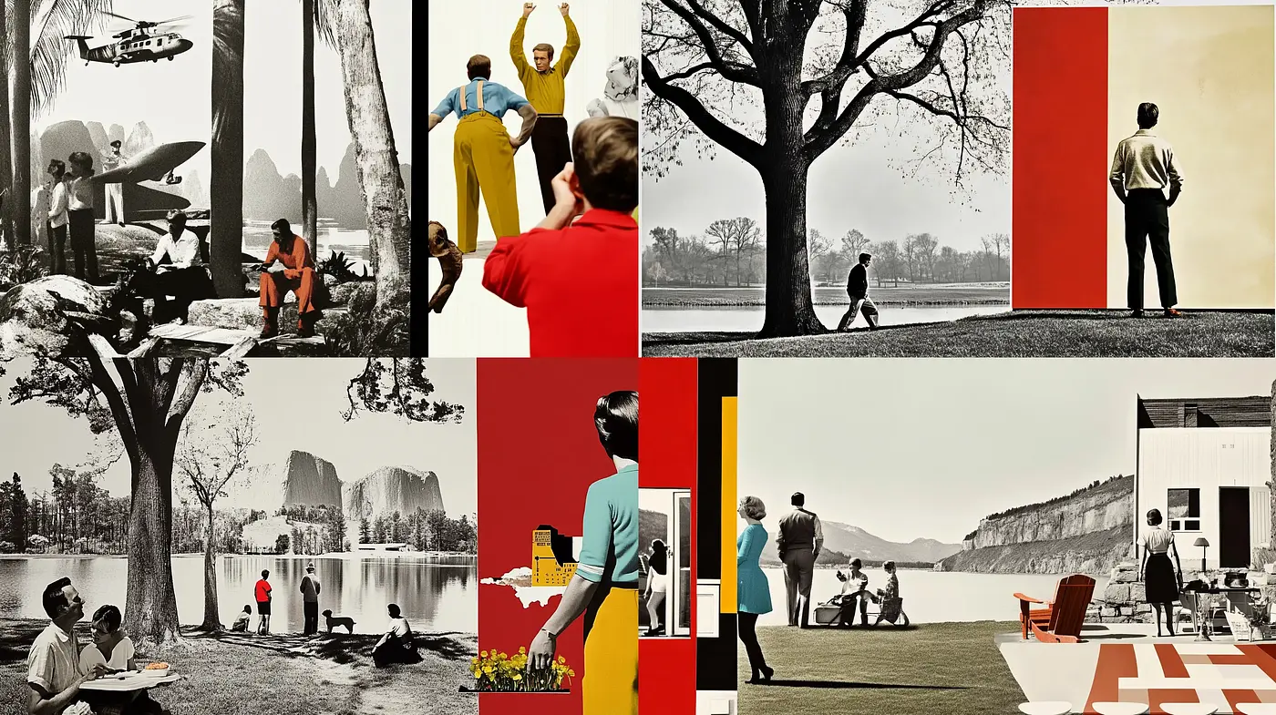 Collaged Visions of Mid-Century Modern Life with Vibrant Minimalist Aesthetics - Midjourney sref style
