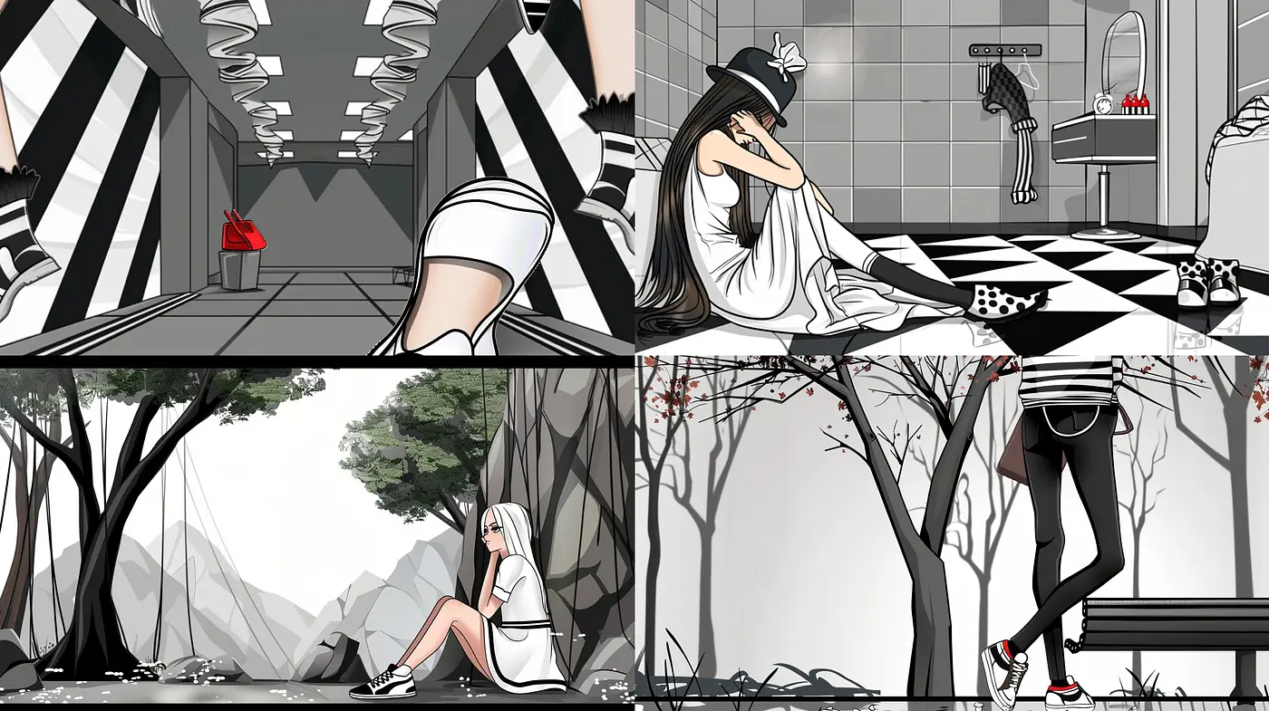 Monochromatic Elegance with Pops of Red in Contemporary Illustrations - Midjourney sref style