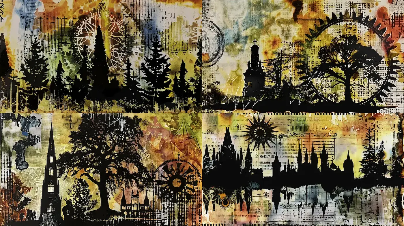 Mystical Landscape Fusion with Urban Elements - Midjourney sref style