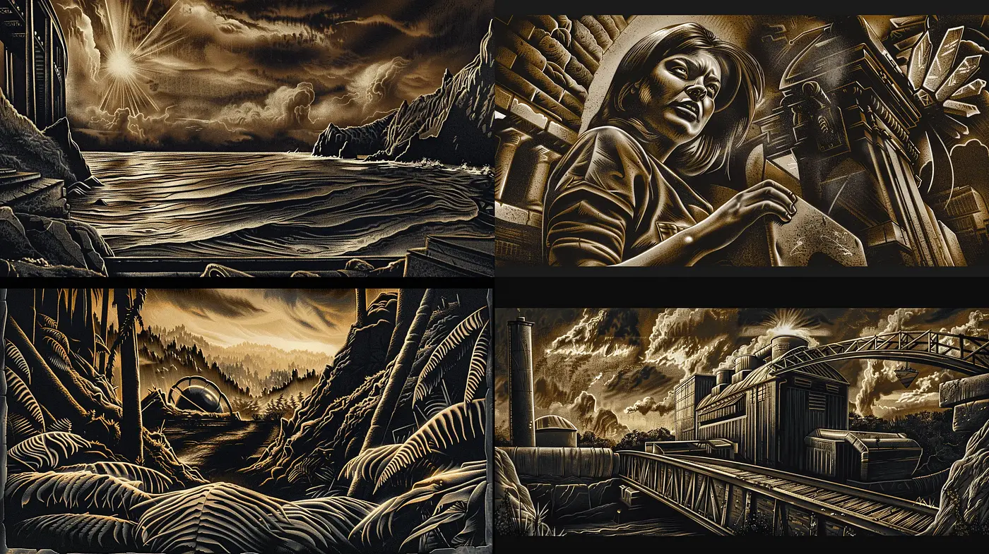 Monochromatic Twilight: A Homage to Woodcut and Noir Aesthetics - Midjourney sref style