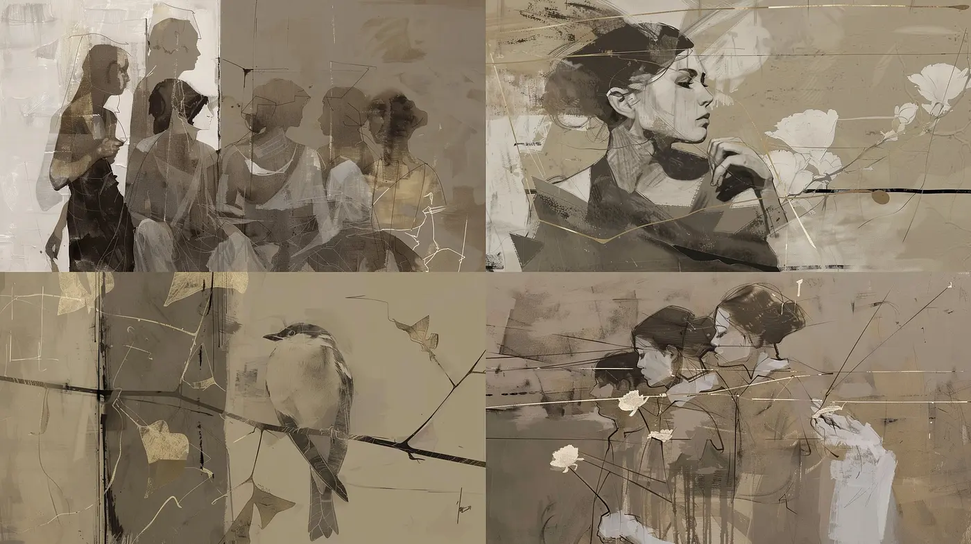 Monochromatic Whispers of Nostalgia: A Fusion of Abstract and Figurative Elements with Sepia Overtones - Midjourney sref style