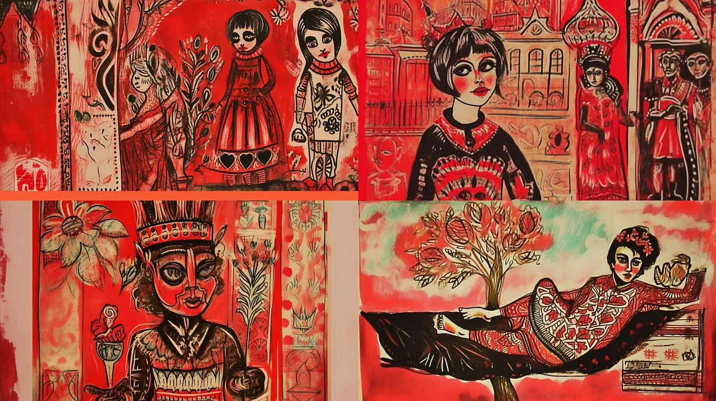 Carmine Reverie: Expressive Folk Art Fusion with a Vintage Essence - Midjourney sref style