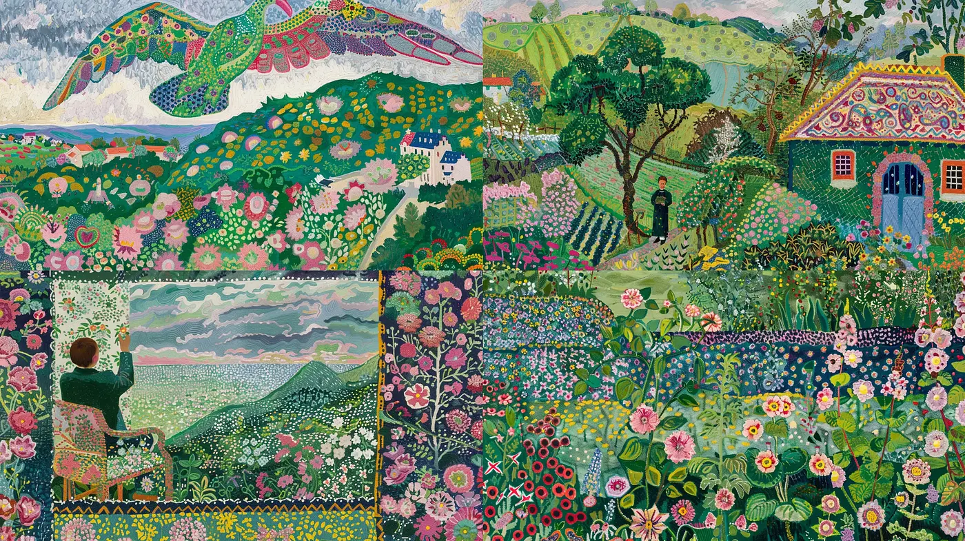 Enchanting Tapestry of Nature: A Harmonic Blend of Floral and Pastoral Elements - Midjourney sref style