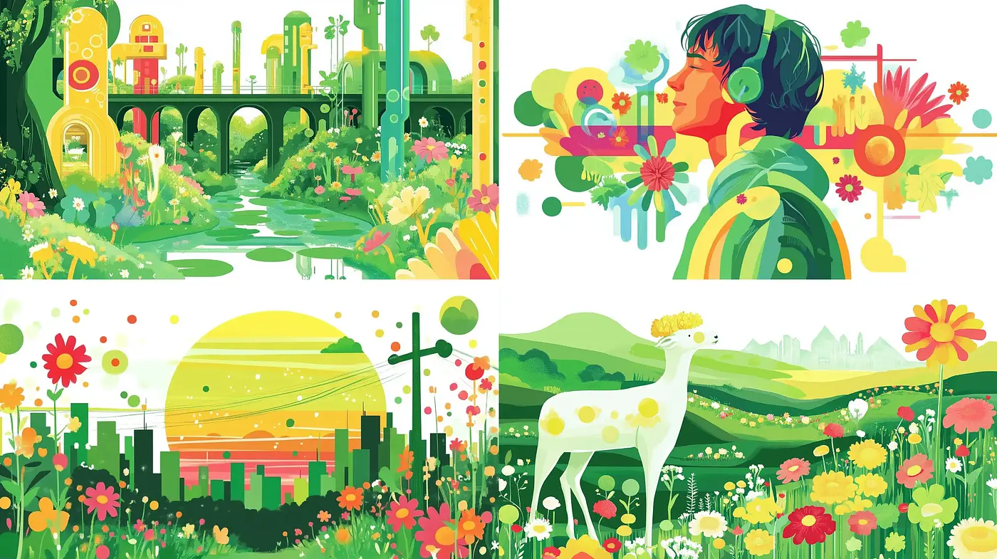 Enchanting Vivid Garden Dreamscapes in a Modern Flat Illustration Style - Midjourney sref style