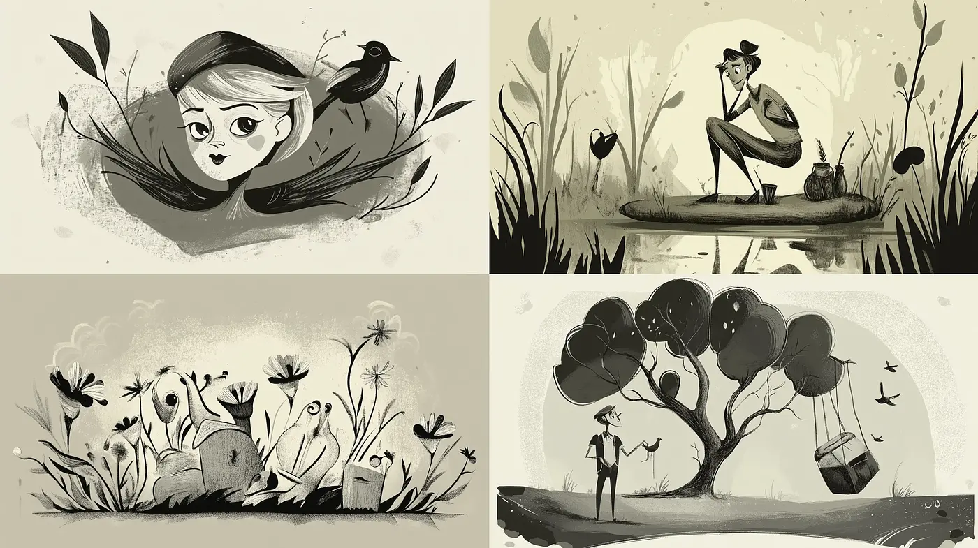 Whimsical Monochrome Storybook Illustrations - Midjourney sref style
