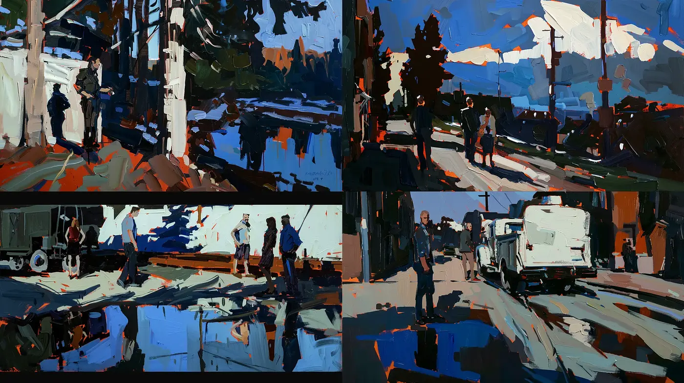 Expressive Brushwork and Bold Contrasts in Urban Vignettes - Midjourney sref style