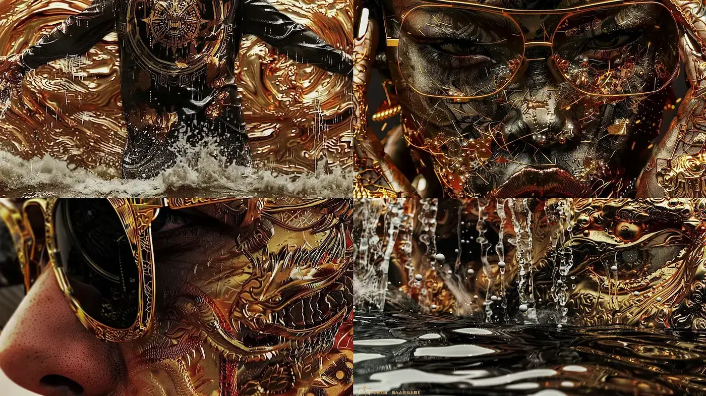 Eloquent and Intricate Exploration of Fluid Gold Textures - Midjourney sref style