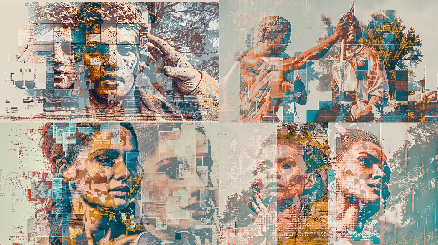Fragmented Elegance in Turquoise and Orange: A Consistent Mosaic of Digital Textures - Midjourney sref style