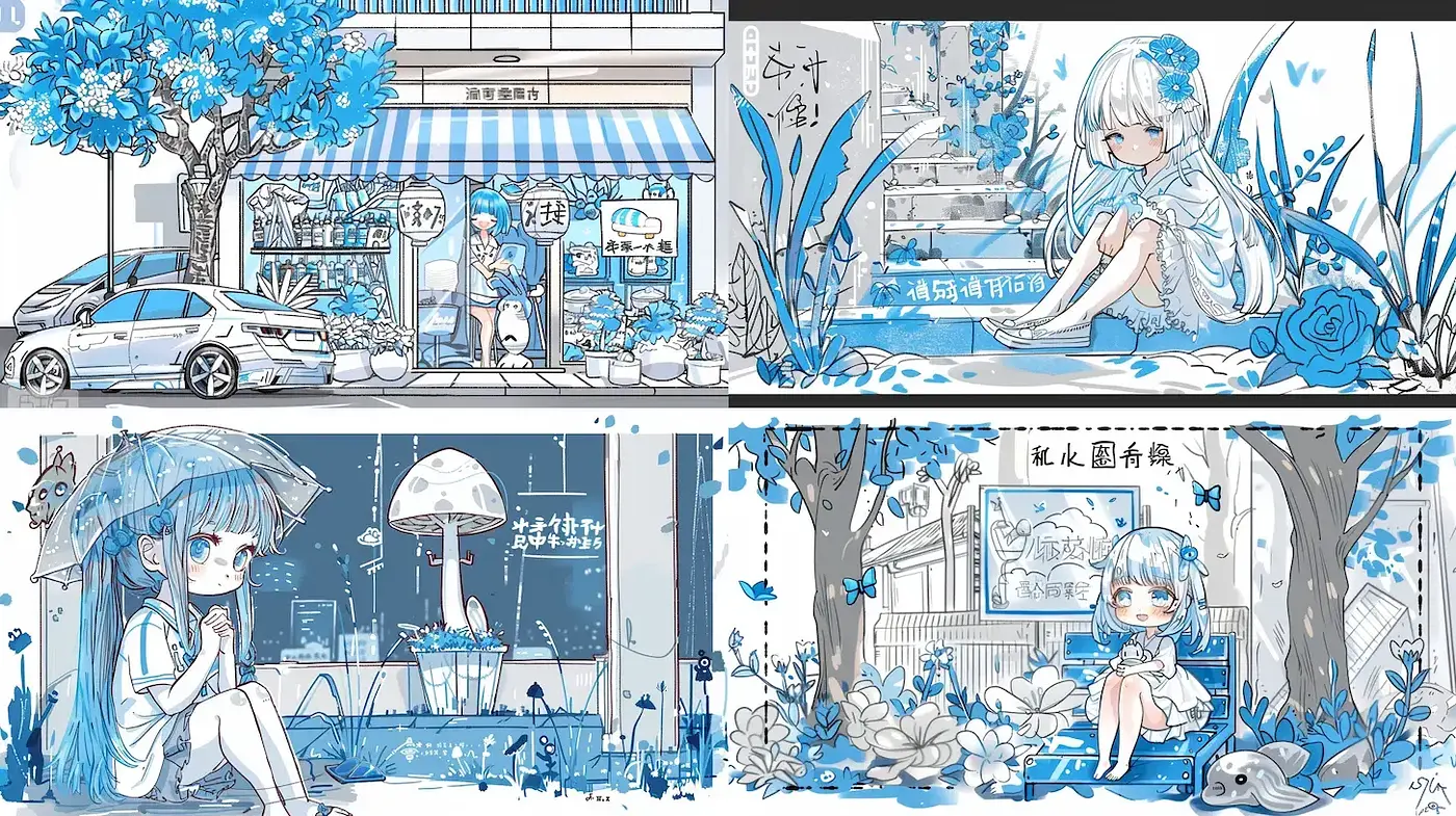 Whimsical Blue-Hued Anime-Inspired Illustrations - Midjourney sref style