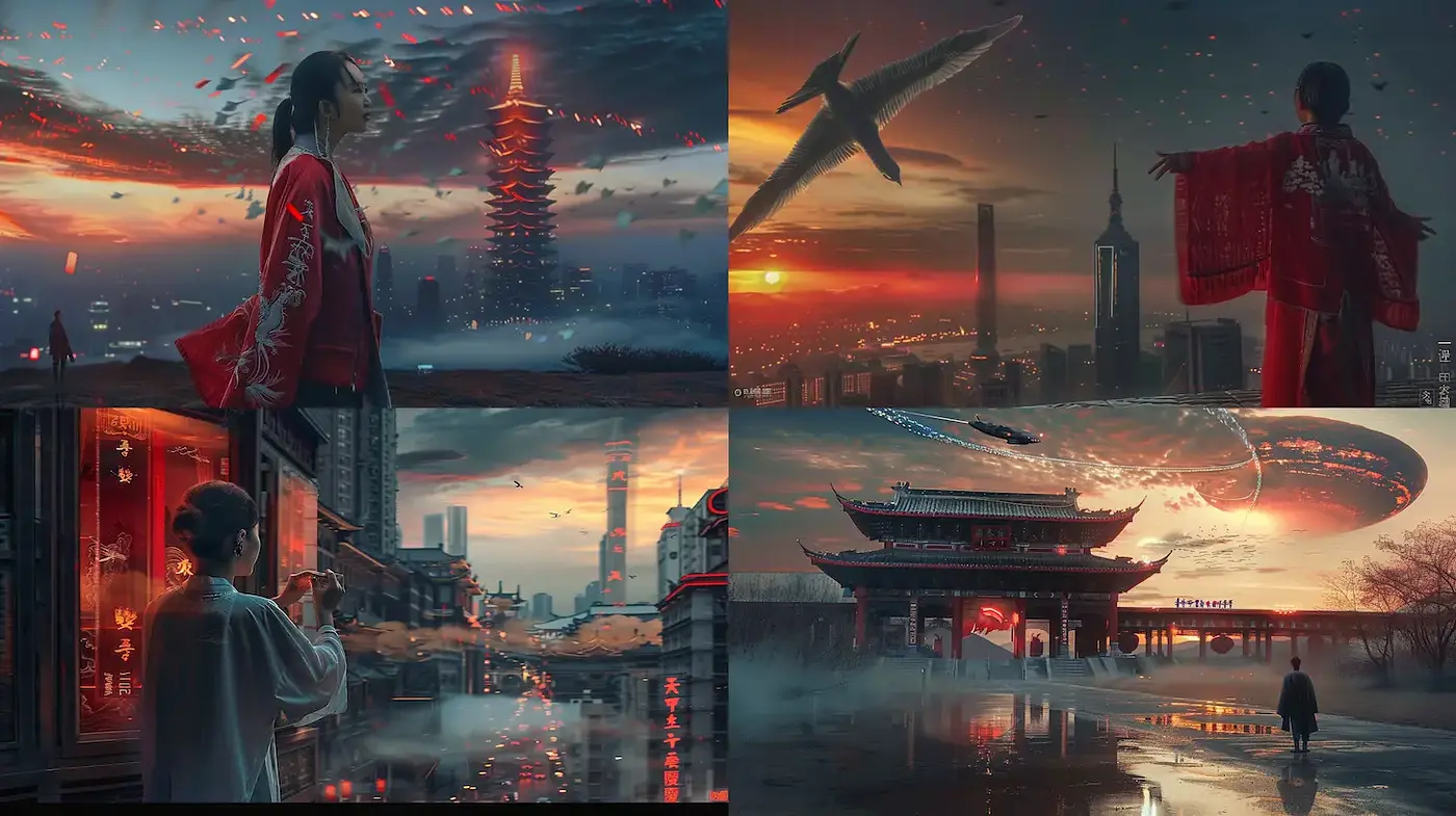 Futuristic and traditional blend with a surreal atmosphere - Midjourney sref style