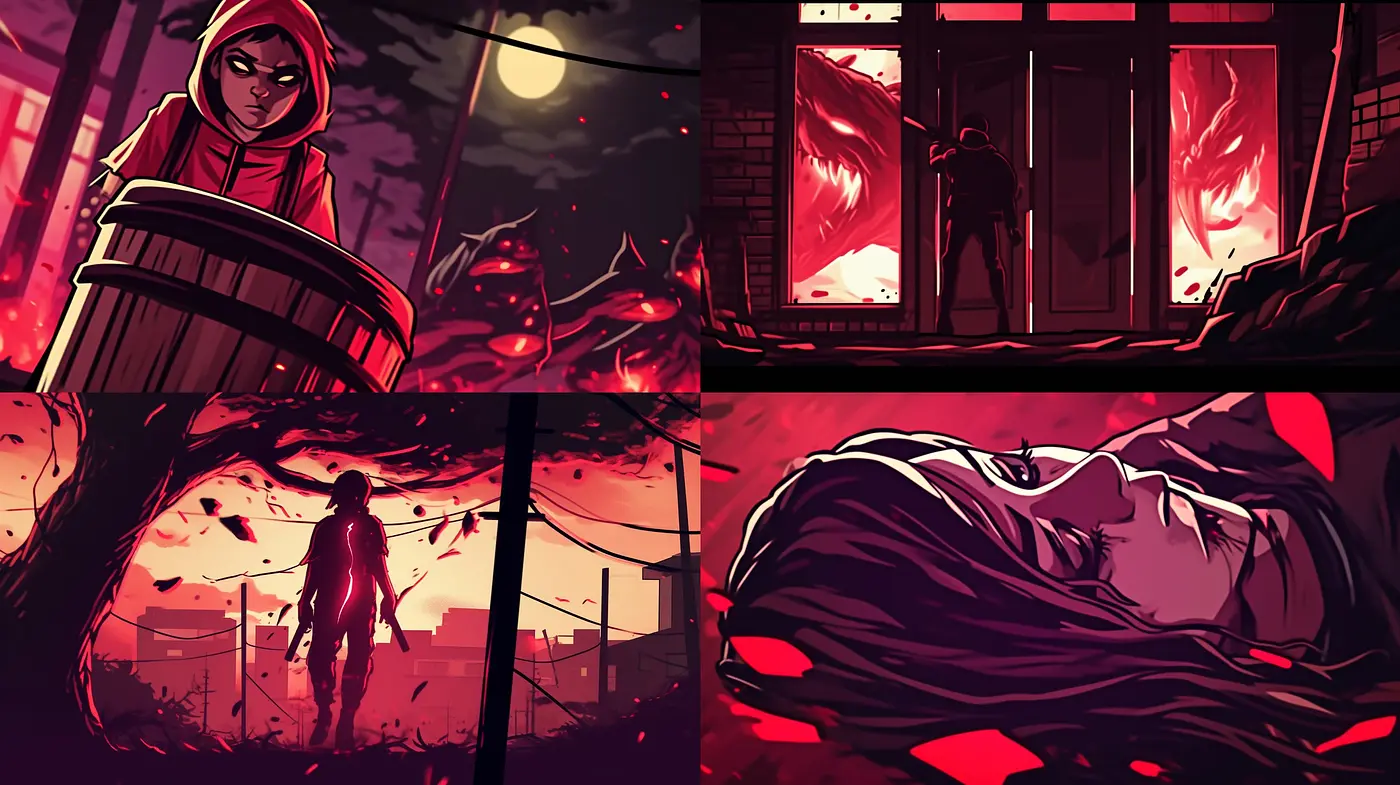Crimson Dusk: A Vivid Comic Book Elegy - Midjourney sref style
