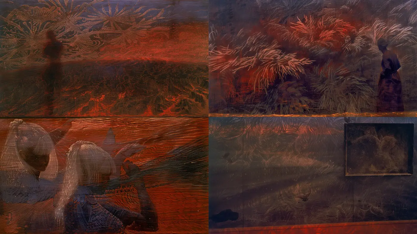 Ethereal Dreamscape Merging Nature and Imagination in Deep Hues - Midjourney sref style
