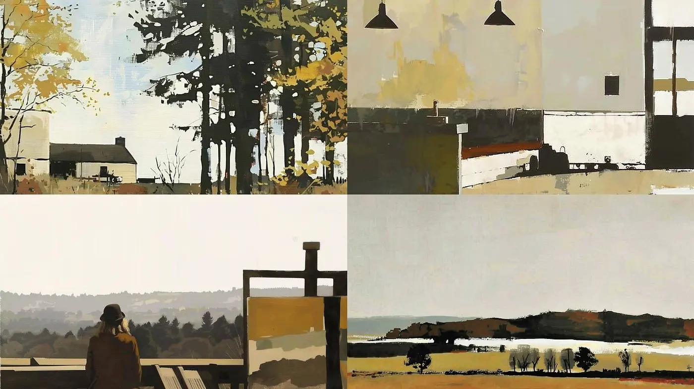 Autumnal Serenity in Abstracted Realism: A Harmonious Blend of Warm Tones and Soft Textures - Midjourney sref style