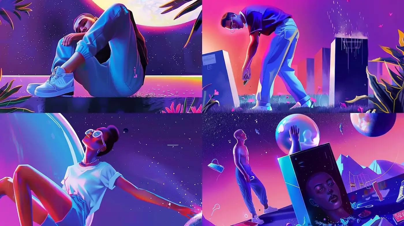Vibrant Futuristic Neon Aesthetic with Surreal Elements - Midjourney sref style