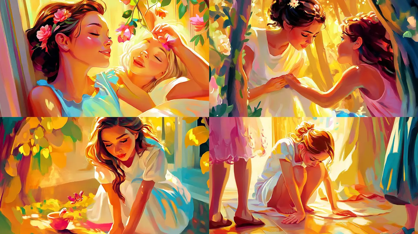 Luminous and Whimsical Brushwork Narratives in a Sun-Kissed Palette - Midjourney sref style