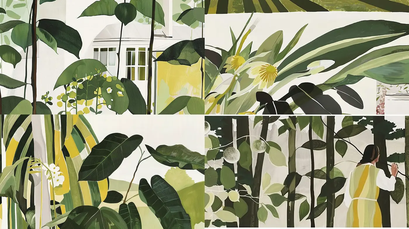 Serene Greenery in Stylized Botanical Illustrations - Midjourney sref style