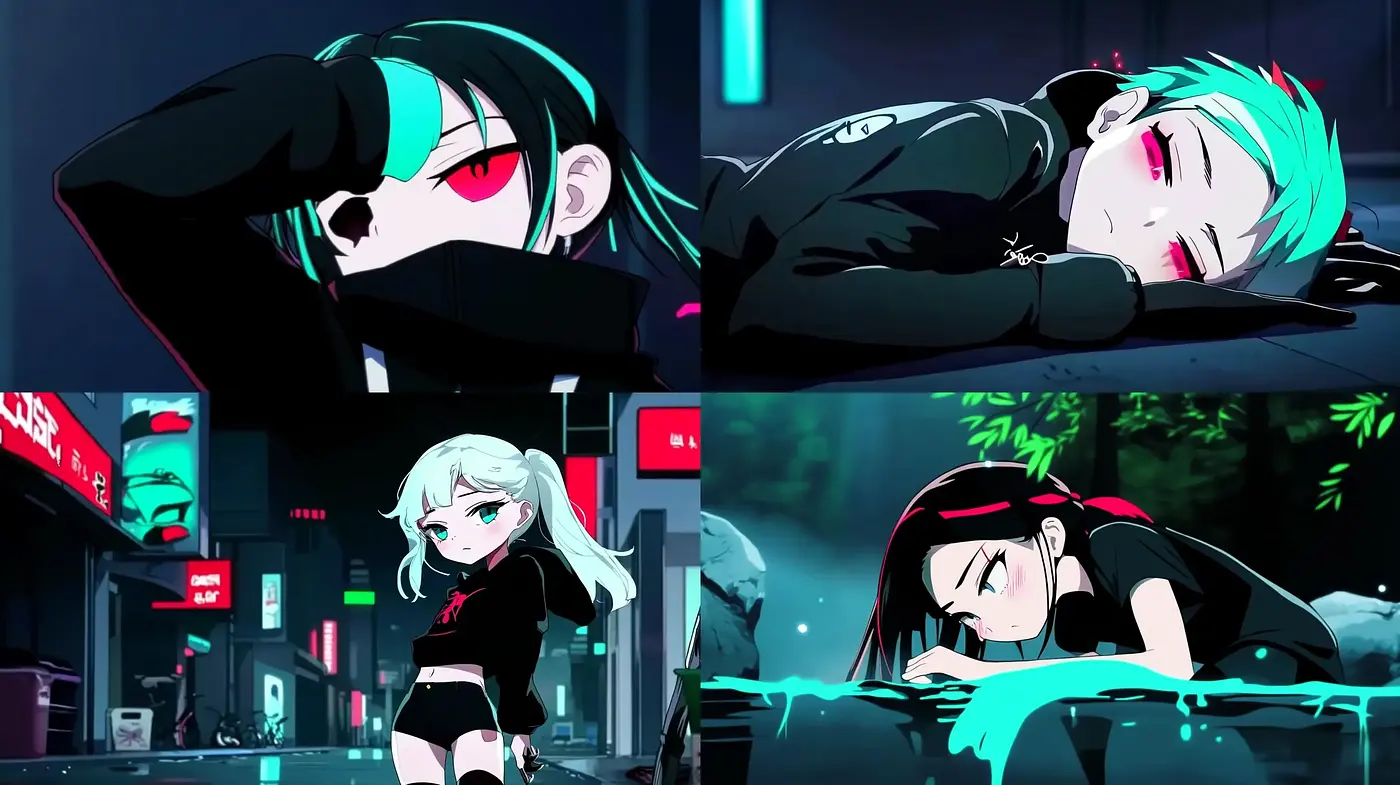 Neon-Noir Anime Fusion with Cyberpunk Overtones - Midjourney sref style